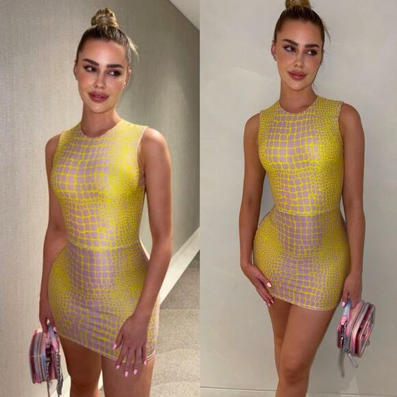 NWT NEW Alex Perry Dallon Yellow and Lilac Crocodile Print Bodycon Mini Dress